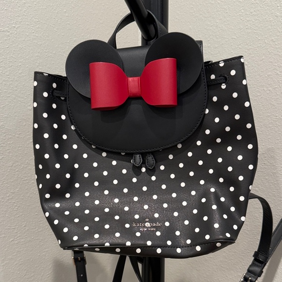 Kate Spade Black and White Polka Dot Minnie Mouse Backpack with Red Bow - Picture 1 of 6